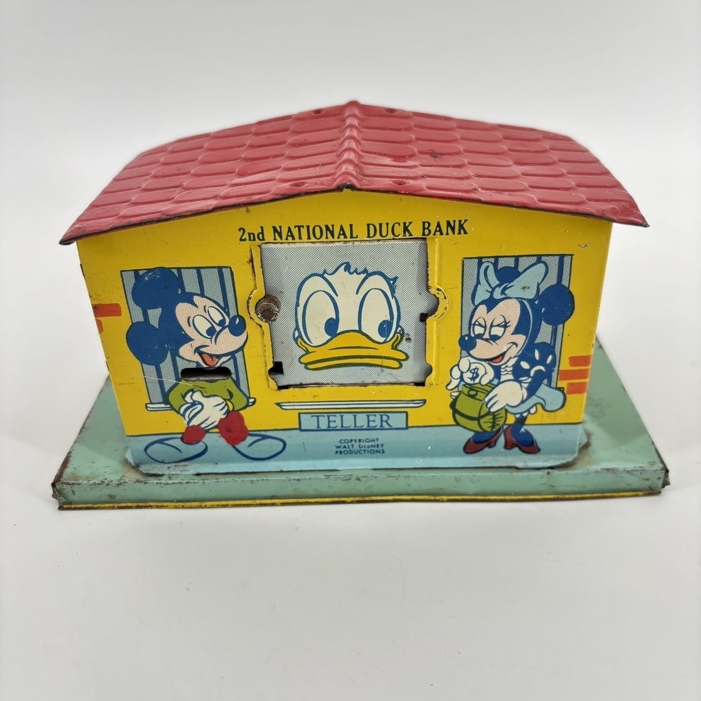 Vintage 1950's J.Chein Walt Disney 2nd National Duck Bank Mechanical Tin Mickey